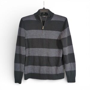 Express Men's Merino Wool Quarter Zip Pullover Sweater Black Gray Stripes Size M